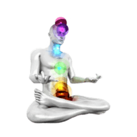 a man sitting in a lotus position with colored chakras